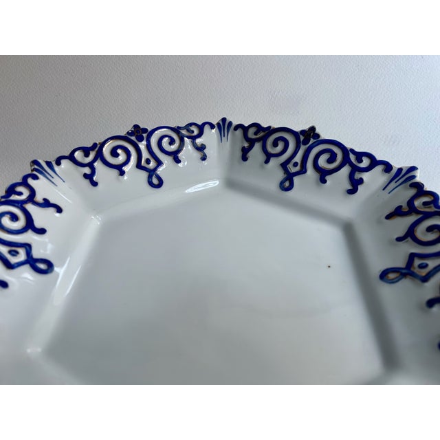 Vintage White Hexagonal Ceramic Serving Dish With Cobalt Blue & Gold Trim For Sale - Image 10 of 16