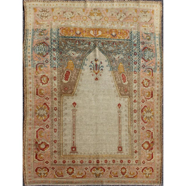 Textile Antique Hand Knotted Turkish Sivas Prayer Rug With Floral Design in Ivory, Taupe, and Pink For Sale - Image 7 of 7