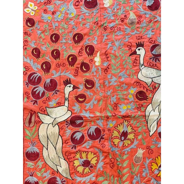Coral Silk Suzani Wall Hanging With White Peacocks For Sale - Image 9 of 10