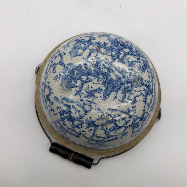 Blue 19th C. Antique Blue Spongeware Stoneware Bowl W/ Wire Bale Wooden Handle For Sale - Image 8 of 12