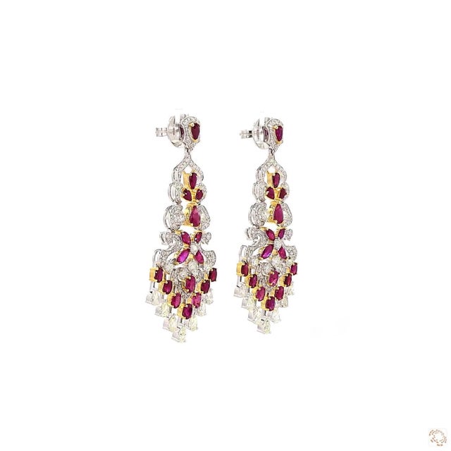3.49 Carat Round Brilliant Cut White Diamond Blue Diamond Ruby Gold Earrings, Pair For Sale - Image 9 of 9