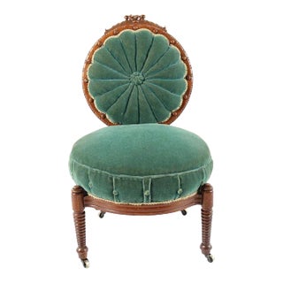 19th Century Victorian Mahogany Carved Balloon Back Emerald Velvet Chair on Casters- So Charming! For Sale