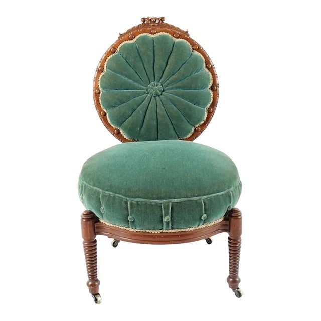 19th Century Victorian Mahogany Carved Balloon Back Emerald Velvet Chair on Casters- So Charming! For Sale