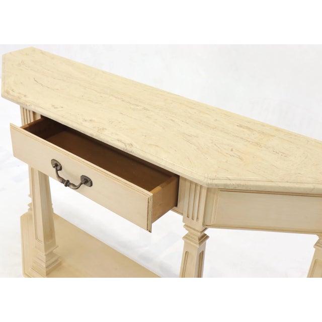 Wood White Wash Finish One Drawer Wrap Around Shape Marble Top Console For Sale - Image 7 of 13