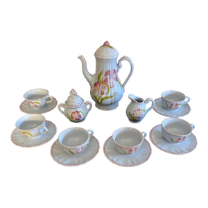 Vintage Hand Painted Majolica Cantagalli Firenze Italian Coffee Pot, Sugar and Creamer and Cups and Saucers. Set of 6. Rare.