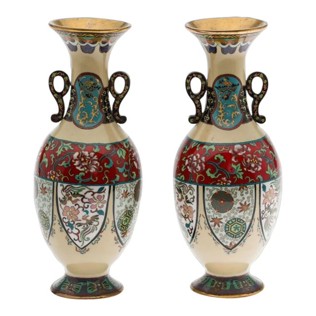 Pair Japanese Cloisonne Enamel Vases With Phoenix Panels Meiji Period For Sale