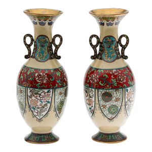 Pair Japanese Cloisonne Enamel Vases With Phoenix Panels Meiji Period