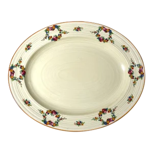 1970s Crown Ducal Oval Serving Platter - Fruit & Floral Rim, Embossed Grooves, Orange Color Trim