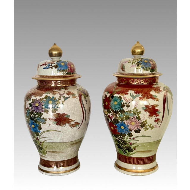 Satsuma Large Antique Japanese Lidded Ginger Jars With Whimsical Exotic Birds, Flowers & Gilt Accents, a Pair - Shimazu Family For Sale - Image 4 of 15