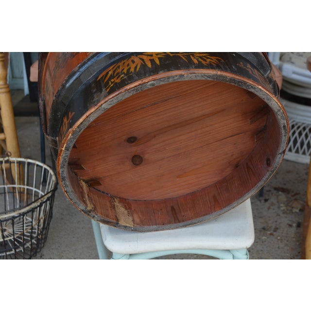 Vintage Asian Black & Brown Bamboo / Wood 3 Tier Wedding Basket With Painted Sides & Top Scene For Sale - Image 17 of 17