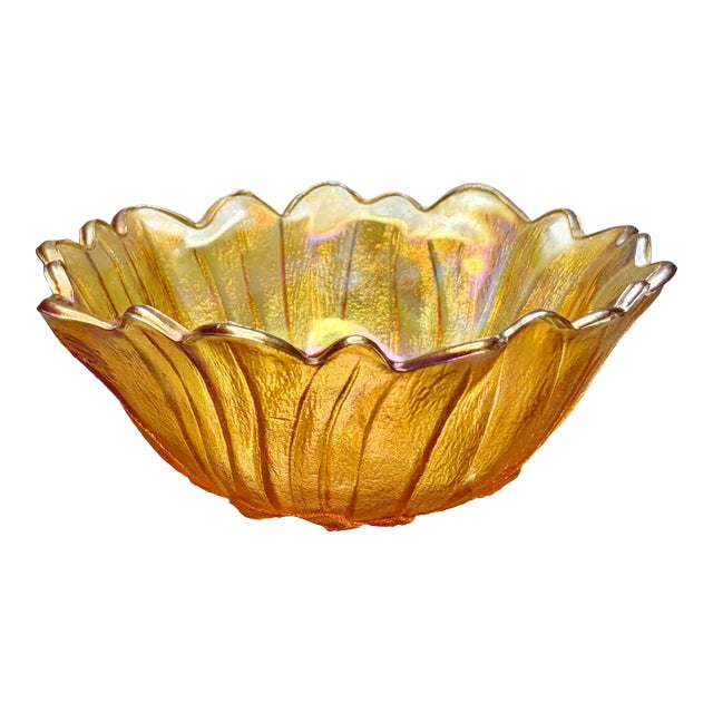 Vintage Indiana Glass Marigold Carnival Glass “Sunflower” Ruffled Bowl For Sale
