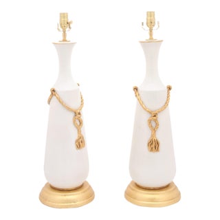 Pair of Large Signed Italian Marbro Ceramic + Gilt Tassel Lamps, 1960s For Sale