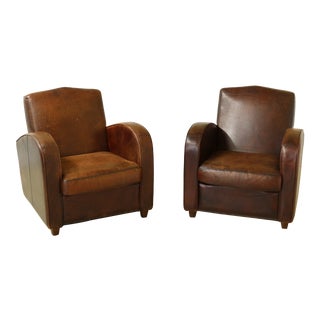 Grange Distressed Leather Club Chairs - a Pair For Sale
