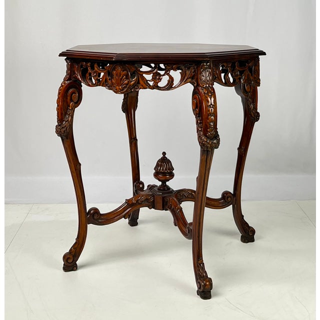 Brown Rococo Revival Carved Walnut & Burl Octagonal Accent Table For Sale - Image 8 of 16