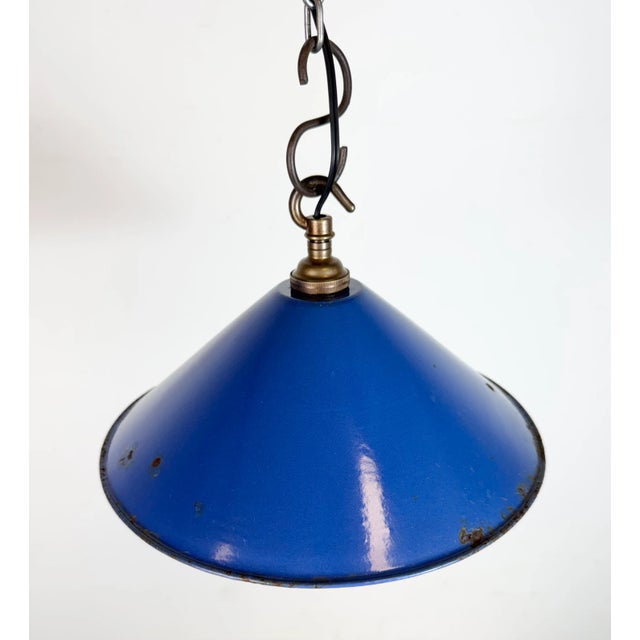 Metal Industrial Blue Enamel Factory Pendant Lamp, 1950s For Sale - Image 7 of 18