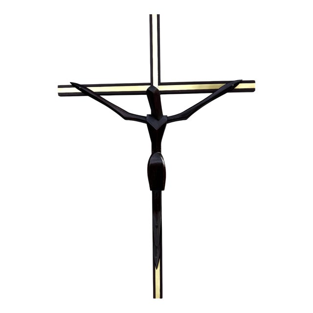 Mid-Century Modern Wooden Crucifix with Brass Inlay, 1970s For Sale