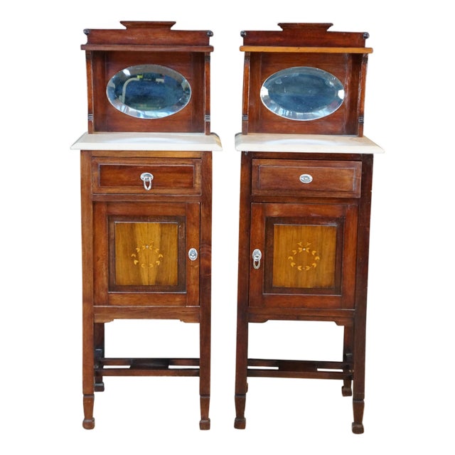 2 Antique Edwardian Mahogany Washstands Neoclassical Inlay Marble Top Mirror For Sale