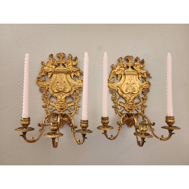 Mid 19th Century Antique 19th C Pair French Napoleon III Gilt Bronze Louis XVI Style Sconces For Sale - Image 5 of 16