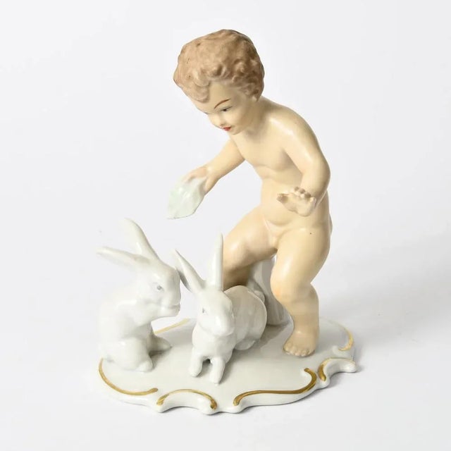Cream Porcelain Figurine Putti with Rabbits from Wallendorf, 1950s For Sale - Image 8 of 11