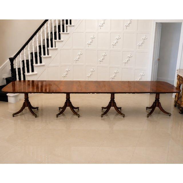 Antique English Mahogany Banquet Dining Table 22/24 Seater 4 Pedestal 3 Leaves , 1920 For Sale - Image 13 of 13