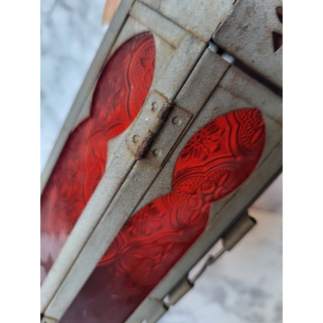 Metal 1990s Metal Moroccan Red Glass Lantern For Sale - Image 7 of 9