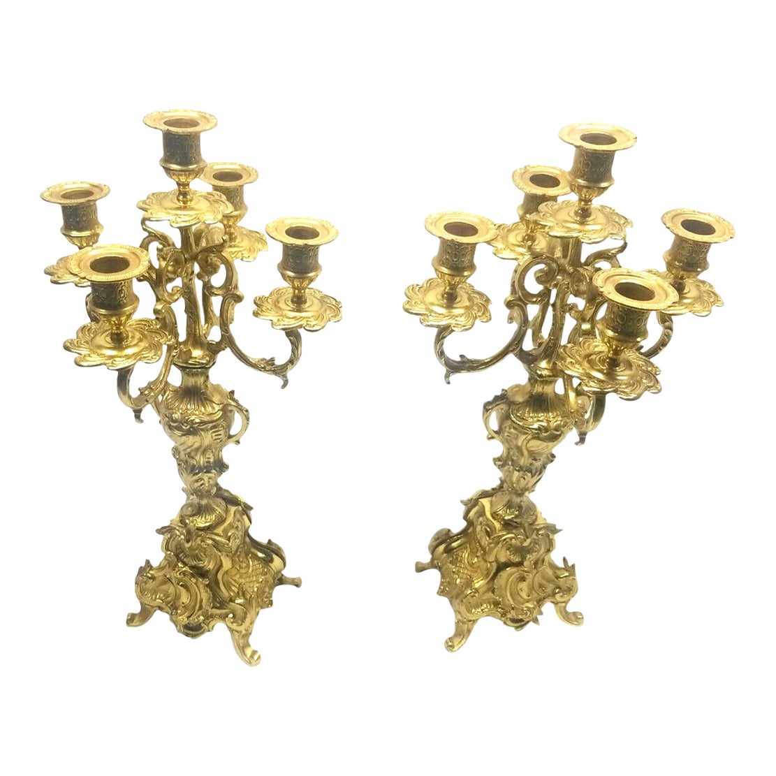 Pair of Vintage Italian Ornate Brass Candelabras 5 Tier Candle Holders