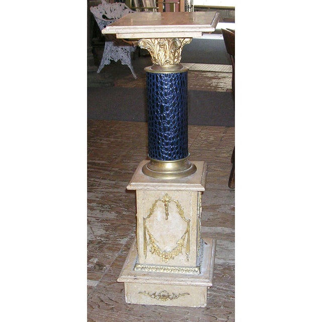 Neo Baroque marble pedestal with a dark blue alligator leather treatment and bronze foliage elements, including a...