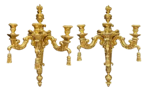 Mid 20th Century Pair Of French Louis XVI Carved Giltwood 3-Arm Sconces