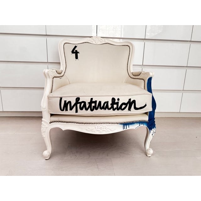 Pair of Bespoke Jimmie Martin Hand-Painted White Leather Graffiti Armchairs For Sale - Image 11 of 18