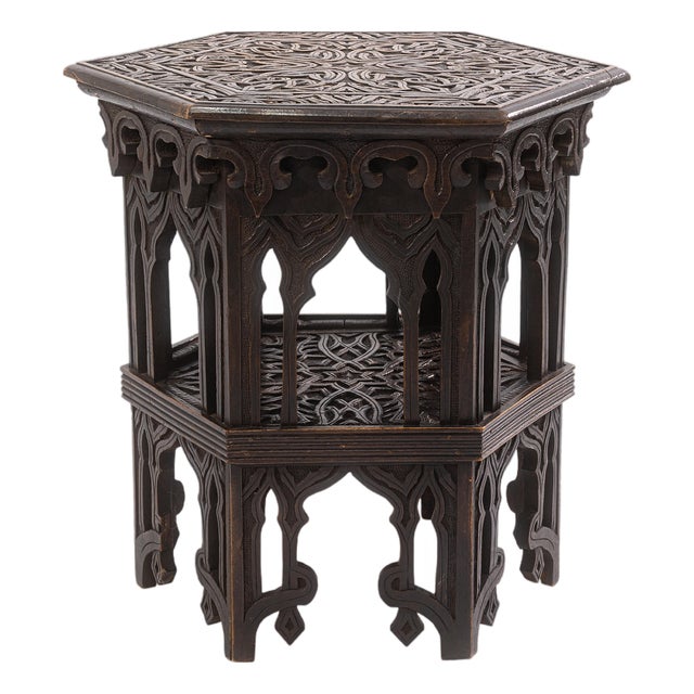 Sculptural Hexagonal Wooden Handmade Asian Accent Side End Table For Sale
