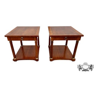 Vtg. Baker Pair of Regency Style Cherry Side Tables W/Inlay & Brass Trim For Sale