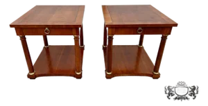 Vtg. Baker Pair of Regency Style Cherry Side Tables W/Inlay & Brass Trim
