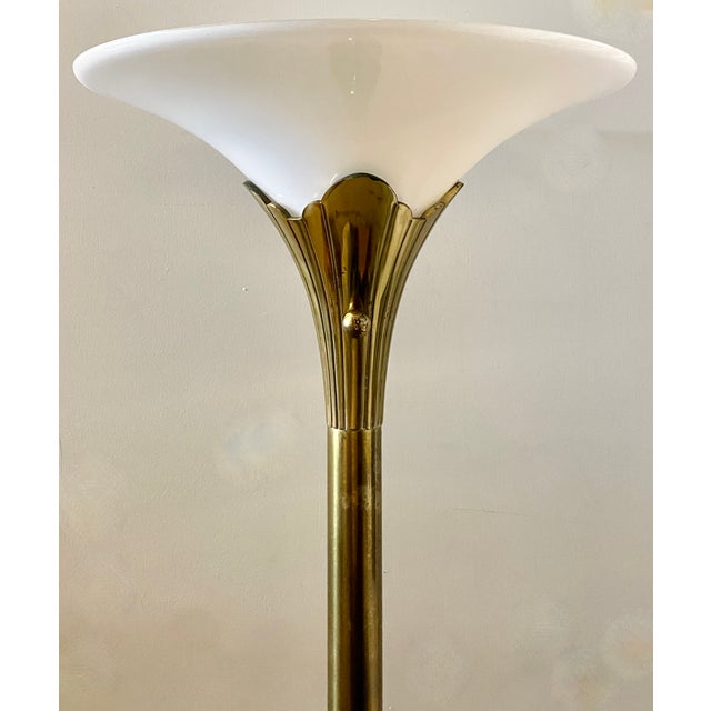 Art Deco style solid brass tulip torchiere floor lamp, with milk glass diffuser, and and lotus base, featuring brass ball...