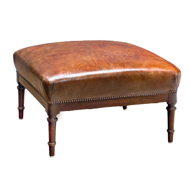 French French Leather Ottoman Seat or Stool on Turned Walnut Frame For Sale - Image 3 of 11