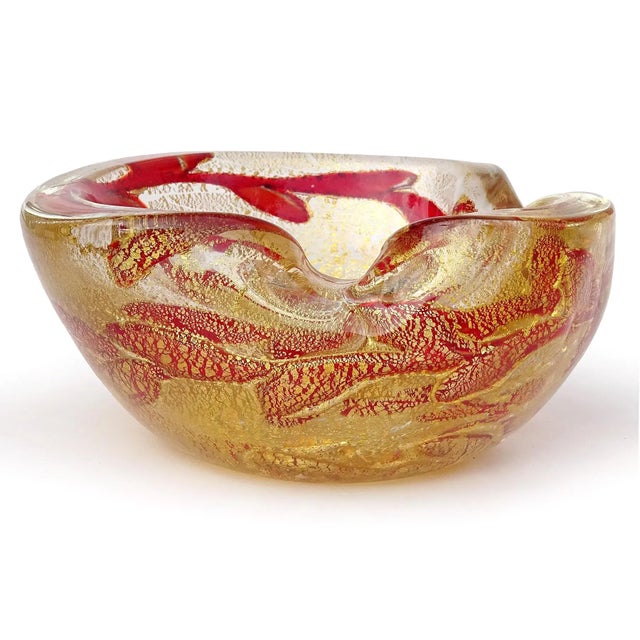 Vintage Barovier Toso Murano Heavy Gold Flecks Ruby Red Vines Italian Art Glass Ashtray Bowl For Sale - Image 9 of 9