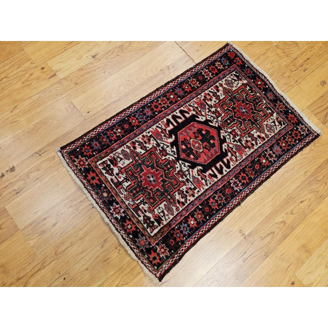 Vintage Persian Heriz Karajeh Rug, Hand-Knotted Wool, Geometric Pattern, Red & Ivory, 2x3 For Sale - Image 12 of 12