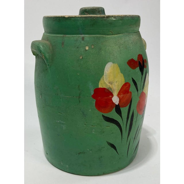 Farmhouse Antique Green Hand-Painted Floral Motif Lidded Crock For Sale - Image 3 of 8