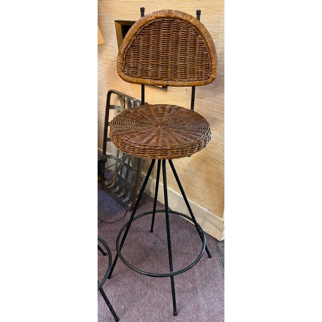 Danny Ho Fong Mid Century Danny Ho Fung Style Wrought Iron Rattan Barstools, Counter Stools For Sale - Image 4 of 9