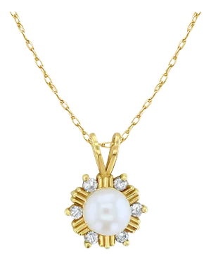 Pearl Center with Diamond Accent Starburst Necklace 14k Yellow Gold 16"