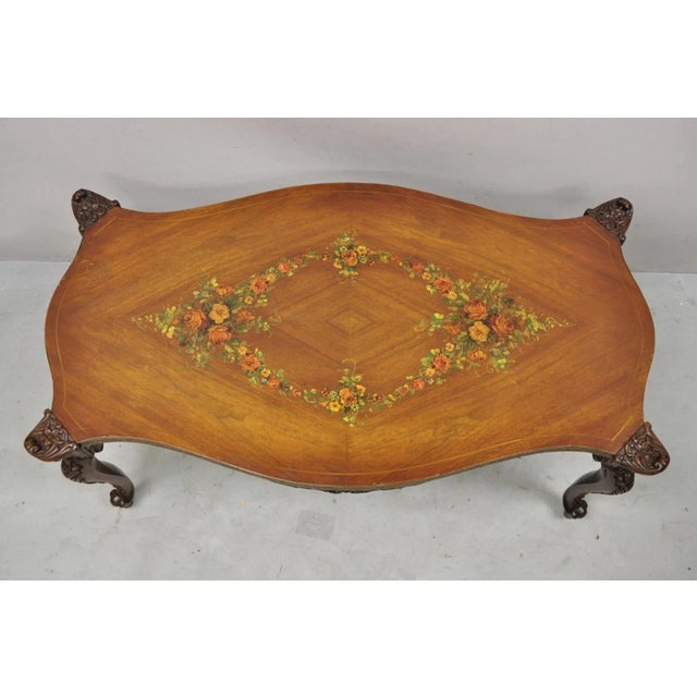 Vintage French Louis XV Style Walnut Coffee Table With Hand Painted Floral Top For Sale - Image 12 of 12