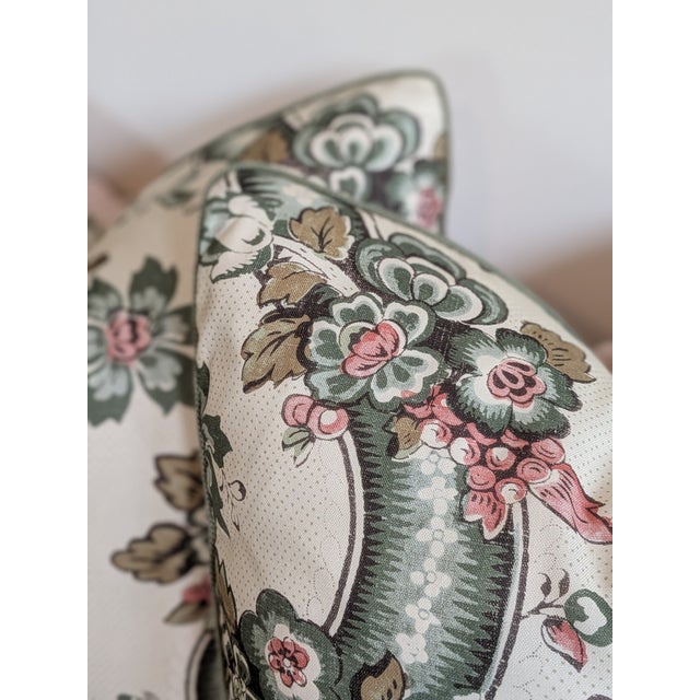 Green Lee Jofa Benday Floral Pillows in Green & Rose With Fermoie Pink Striped Backs For Sale - Image 8 of 8