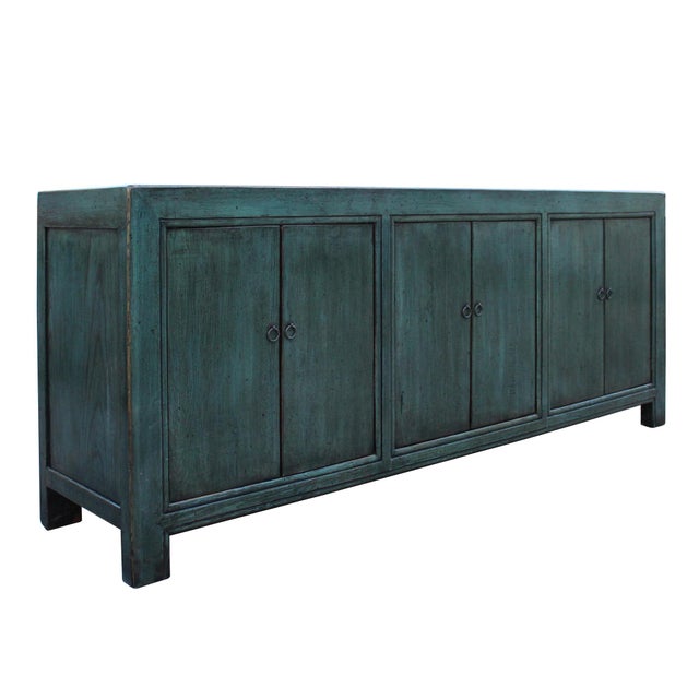 Chinese Distressed Teal Blue Lacquer Tall Long Tv Console