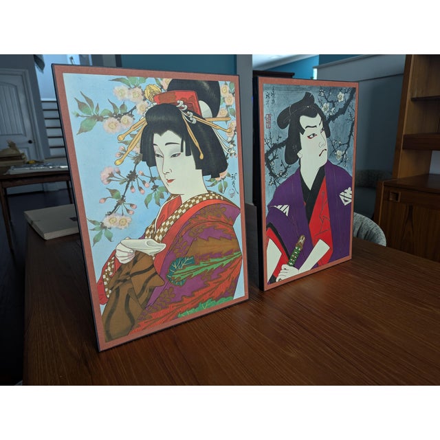 Mid-Century Modern Signed 1974 Mitsuaki Ichikawa Kabuki Woodblock Prints — Deluxe Shikishi Pair For Sale - Image 3 of 17