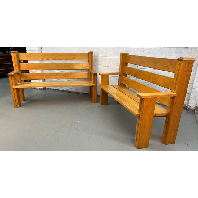 Pair of Mission-Style Solid Oak Slat Benches For Sale - Image 4 of 18