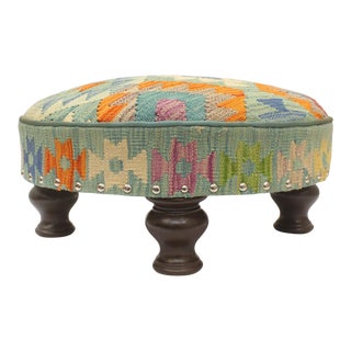 Boho Chic Gray/Orange Handmade Kilim Cocktail Ottoman For Sale