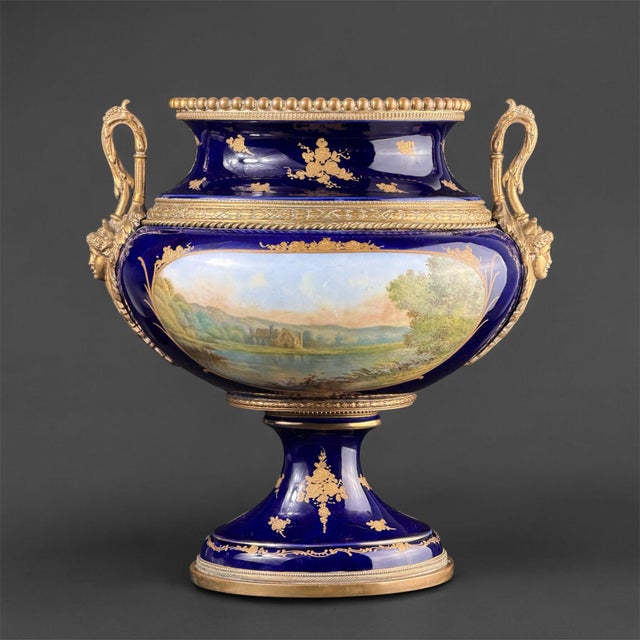 Baroque Antique French Cobalt Blue Porcelain Urn Vase by E. Collot, 1880s For Sale - Image 3 of 12
