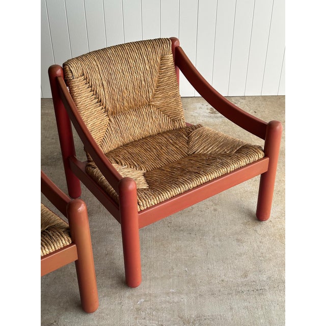 1960s Pair of Vintage Red Lacquered Rush Lounge Chairs, Attributed to Vico Magistretti For Sale - Image 5 of 18