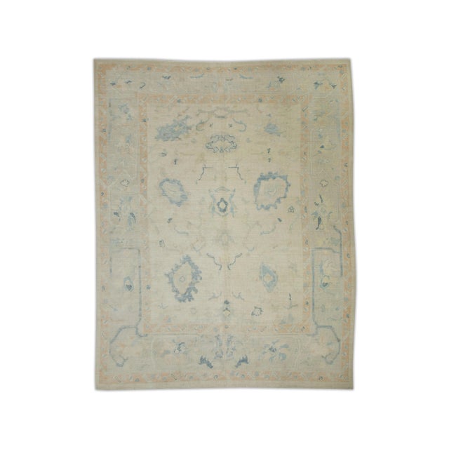 Cream Early 21st Century Cream & Blue Floral Design Handwoven Wool Turkish Oushak Rug 8'2" X 10'6" For Sale - Image 8 of 8