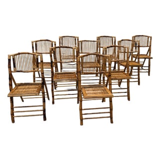 1990s Boho Chic Rattan Burnt Finish Folding Dining Chairs - Set of 10 For Sale
