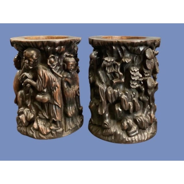 Pair of Antique Chinese Hand-Carved Wooden Brush Pots For Sale In Charlotte - Image 6 of 6